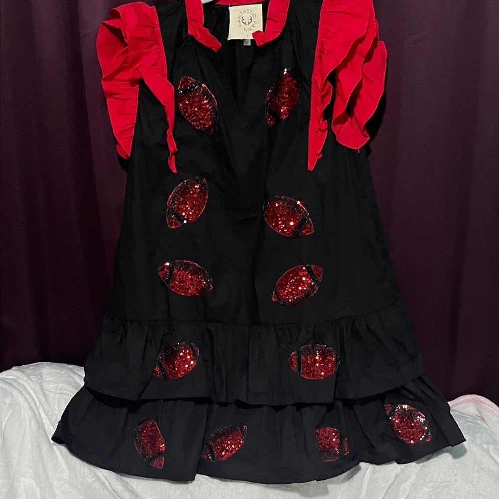 Fantastic Fawn Black and Red Sequined Game Day Mini Dress